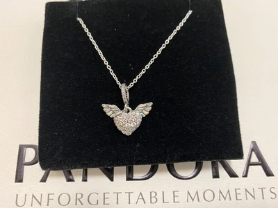 Collar PANDORA Pave Corazón y Alas de Ángel 17.7" Plata 925 Nuevo Bolsa de Transporte Foto 1 de 4