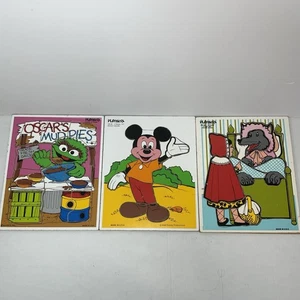 Vintage Playskool Childrens Wooden Puzzles Mickey Oscar Little Red Riding Hood - Picture 1 of 6