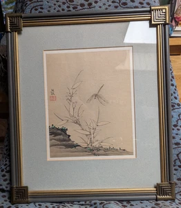Vintage Chinese Watercolour Silk Painting Dragonfly On White Bamboo - Picture 1 of 10
