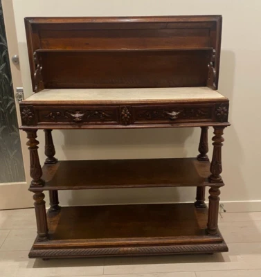 Antiguo aparador de madera tallada para panadería francesa desierto servidor con tapa de mármol Foto 1 de 4