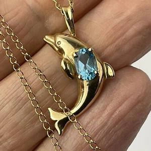 Colgante De Colección Años 90 Oro Amarillo 10K Topacio Azul Ovalado Delfín 1.4 Gramos y Cadena 18" - Imagen 1 de 24