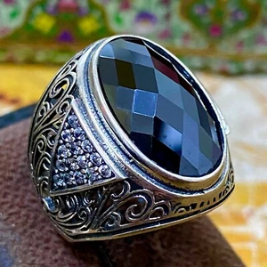 Solid 925 Sterling Silver ring Handmade Faceted Black Zircon Stone Men's Ring - Picture 1 of 9