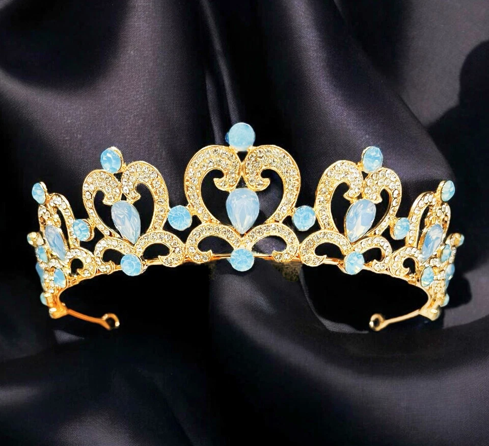 Sapphire Rhinestone Tiara. Girl's Gold tiara, Heart shape tiara, Princess tiara - Image 1 of 4