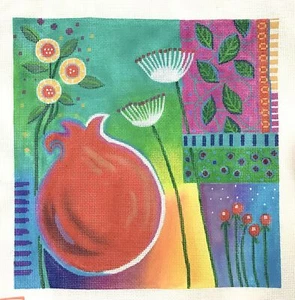 Pomegranate Whimsey Judaic h painted needlepoint canvas & SG Laura Bolter BRIGHT - Picture 1 of 1