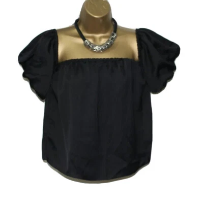 Lispy Black Top 10 Bardot Shoulder Puff Sleeve Blouse Shirt Silky Sexy Party UK - Image 1 of 4