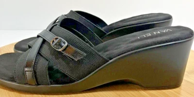 VANELI Womens 7.5 M Black Leather Wedge Bubble Cushion Soles Slip On Sandals - Image 1 of 4