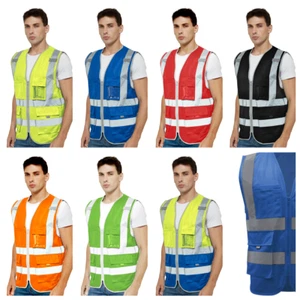 High Visibility Safety Vest Zipper Front With 9 Pockets Reflective Strip - Picture 1 of 16