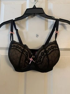 Betsey Johnson Eyelet Lace Demi Bra Black Raven Foam Padding Pink Bows 33DD Sexy - Picture 1 of 4