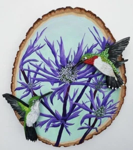 Hand Painted Two Hummingbird Wood Cut-Outs & Sea Holly Flower By Phyllis - Picture 1 of 6