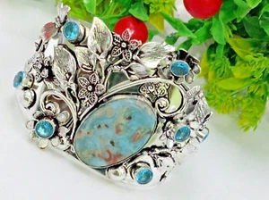 925 Sterling Silver Larimar &Topaz  Gemstone Handmade Jewellry Cuff Bracelet - Picture 1 of 3