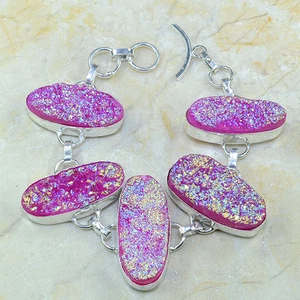 A Mano Grappolo Titanio Quarzo Drusa 925 Argento Sterling Bracciale 7.25 " - Foto 1 di 1