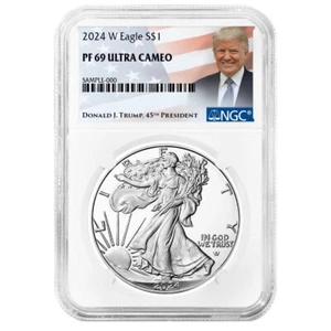 2024-W $1 1-oz Proof American Silver Eagle NGC PF69UC Trump Label - Picture 1 of 2