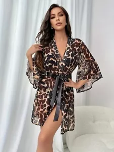 Semi Sheer Leopard Animal Print Sleeved Night Robe Gown Sexy Ladies Lingerie C52 - Picture 1 of 9