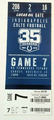 2018 Indianapolis Colts Tennessee Titans NFL Football Full Ticket Stub Cover