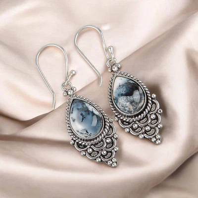 Dendritic Opal Gemstone Dangle Earrings 925 Sterling Silver Women's Jewelry Gift - Image 1 of 4