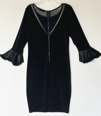 Alice + Olivia Black Faux Leather Trim 3/4 Ruffle Sleeve Midi Dress Sz M - Image 1 of 4