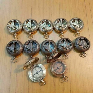 Set of 12 PCs Brass Polish & Antique Finish Marine Push Button Sundial Compass - Foto 1 di 5