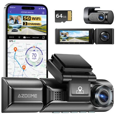 AZDOME 4K Dash Cam 5GHz Wi-Fi GPS Front&Rear&Cabin GPS Parking Mode 64GB SD Card