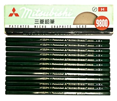 Vintage Mitsubishi Wooden Pencils 9800 H 1 Dozen 12 Pcs Japan Pat. No. 217586 - Image 1 of 4