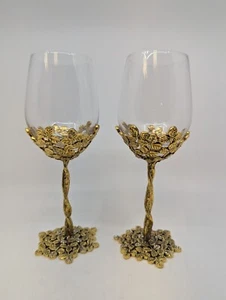 Set of Two Metal Gold Leaf Stem Wine Glasses with Crystal Embellishment - Picture 1 of 6