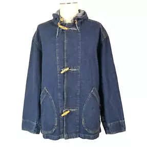 Perry Ellis Jacket Coat Barn Chore Blue Denim Mens Large Retro Cotton Hooded - Picture 1 of 13