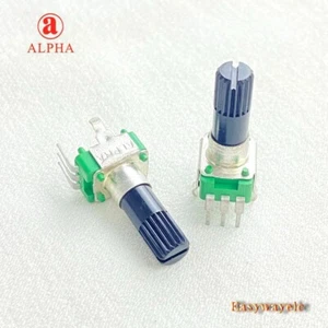 2×9mm Alpha B100K Potentiometer 18mm Shaft With Center Detent RT-Angle PC Mount - Picture 1 of 5