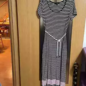Ellen Tracy size 12 black white pink stripe tee shirt maxi dress with rope belt - Picture 1 of 11