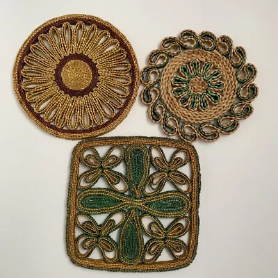 Set of Three (3) Wicker Straw Hot Pads Pot Holders Woven Rattan Raffia Trivets  - Image 1 of 2