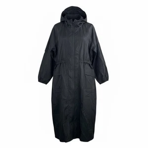 Athleta Black hooded Longline Parka rain jacket full zip relaxed blk 90s sz L - Picture 1 of 7