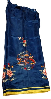 Calça de seda chinesa Art Deco década de 1930 década de 1920 bordada antiga azul real cintura alta - Imagem 1 de 4