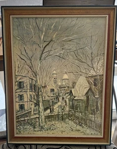 Estampado enmarcado vintage Sacre Coeur Montmartre Utrillo Francia escena callejera - Imagen 1 de 9