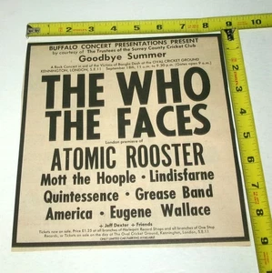 THE WHO FACES Atomic Rooster MOTT Vintage Konzert Werbung 1971 Oval Cricket - Bild 1 von 2