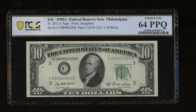 DBR 1950-A $10 FRN Philadelphia Fr. 2011-C PCGS-B 64 PPQ Serial C08960226B - Image 1 of 2