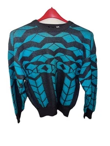 Vintage 80er Demetre Herren Medium Schnee Ski Pullover Wolle Blau Geometrisch - Bild 1 von 7