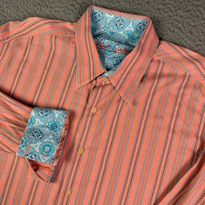 Robert Graham Shirt Mens 2XL Pink Striped Silk Trim Paisley Floral Flip Cuff - Image 1 of 4