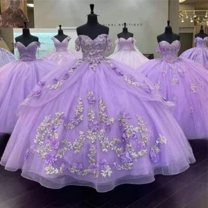 Purple Quinceanera Dresses With 3D Floral For Sweet 15 16 Prom Party Ball Gowns - Picture 1 of 9