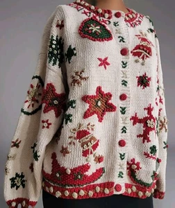Vintage 90s Cullinane Ugly Christmas Party Cardigan Sweater Hand Knitted Granny Gr. M - Bild 1 von 20