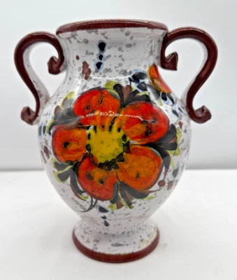 Italian Art Pottery Vase Floral Majolica Style Flowers Handled Hand Painted - image 1 of 4