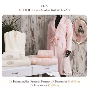 EDA Bambus Badetücher-Set 2x Bademantel 2x Badetuch 2x Handtuch Creme Cappuccino - Picture 1 of 13