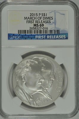 2015 P March of Dimes Uncirculated Silver Dollar NGC MS69 First Releases - Image 1 of 2