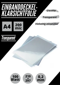 100-1000 Einbanddeckel Klarsichtfolien A4/A3, transparent, 200 mic - Bild 1 von 4