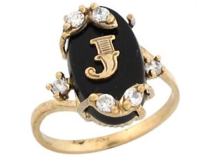 10k or 14k Real Yellow Gold Onyx Letter J Initial with CZ Accents Ring