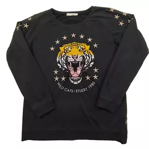 VINTAGE Stussy Sweatshirt Womens 6 Black Tiger Embroidered Wild Cats 1980 Jumper - Picture 1 of 17