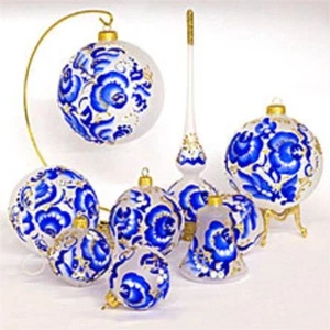 Juego de 8 adornos de árbol de Navidad de vidrio Gzhel hecho a mano y pintado a mano NUEVO - Imagen 1 de 3