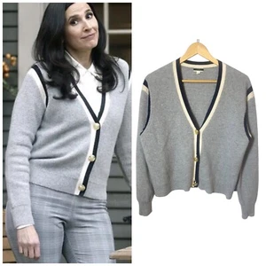 J.Crew Waffle Knit Cashmere Cardigan Size Large L Gray Black Piping Gossip Girl - Picture 1 of 7