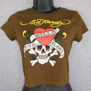 Camicia Ed Hardy Crop Top Marrone Medio L'amore uccide lentamente teschio cuore grafica Y2K - Foto 1 di 7