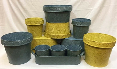 Macetas de metal amarillo y azul diseño margarita en relieve conjunto 12 redondas ovaladas oblongas Foto 1 de 4
