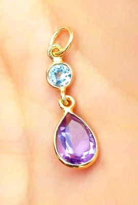 Amethyst And Blue Topaz Charm Necklace- 18k Yellow Handmade Gold Pendant - Image 1 of 3