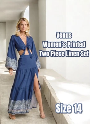 Venus Women’s Printed Two Piece lLinen Blend (Skirt & Top) Set, Size 14  (Blue)  - Image 1 of 4