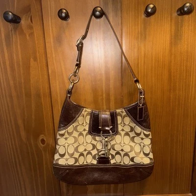 Coach Signature Brown Leather Fabric Shoulder Hobo Bag E06K-10242 - Image 1 of 4